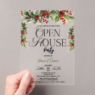 Invitaciones Acrílicas Elegantes Navidades de Floral Xmas Holly Open Hous