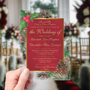 Invitaciones Acrílicas Elegantes Navidades Holly & Pine o Boda de vacacio
