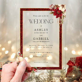 Invitaciones Acrílicas Elegantes Navidades Red Damask Floral