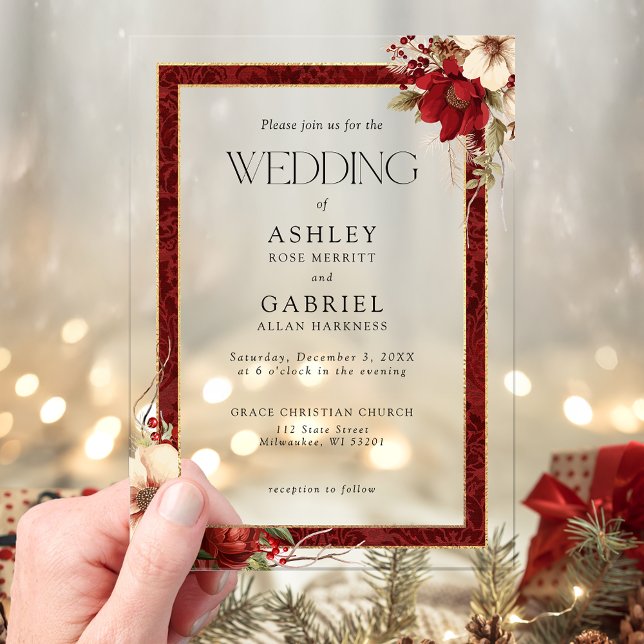 Invitaciones Acrílicas Elegantes Navidades Red Damask Floral (Subido por el creador)