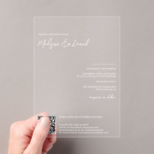 Invitaciones Acrílicas Elegantes nombres blancos caligrafía boda de códig (Insitu (portátil))