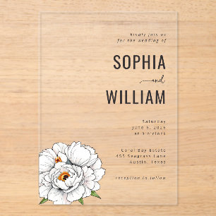 Invitaciones Acrílicas Elegantes peonías florales negras
