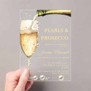 Invitaciones Acrílicas Elegantes Perlas de Oro y Ducha Bridal Prosecco