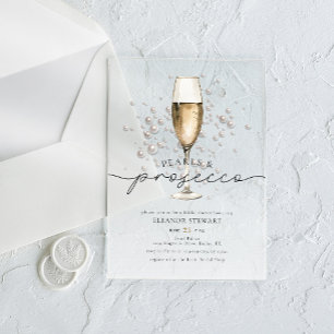 Invitaciones Acrílicas Elegantes Perlas en Acuarela y Desayuno de Novia c