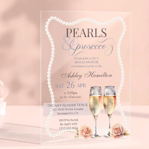Invitaciones Acrílicas Elegantes perlas y prosecco Despedida de soltera
