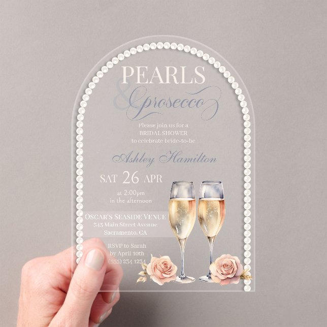 Invitaciones Acrílicas Elegantes Perlas y prosecco Ducha de novia (Insitu (portátil))