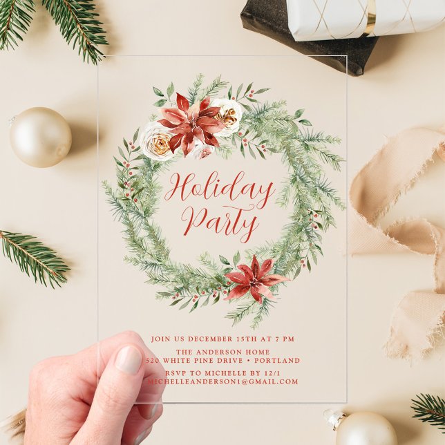 Invitaciones Acrílicas Elegantes poinsettias y fiesta de feriado por la v (Subido por el creador)