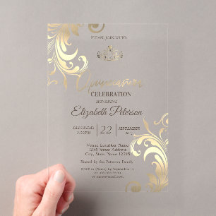 Invitaciones Acrílicas Elegantes Remolinos Corona de Oro Quinceañera