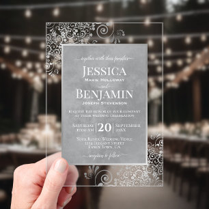 Invitaciones Acrílicas Elegantes rizos grises plateados Textura de boda c