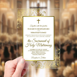 Invitaciones Acrílicas Elegantes rizos ornamentados en oro y blanco para 