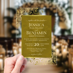 Invitaciones Acrílicas Elegantes rizos y espirales de oro, texto elegante