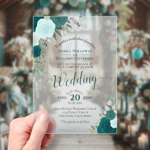 Invitaciones Acrílicas Elegantes Rosas de Acuarela en Verde Azul y Aguama