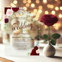 Invitaciones Acrílicas Elegantes Rosas de Borgoña y Rubor Boho Boda elega