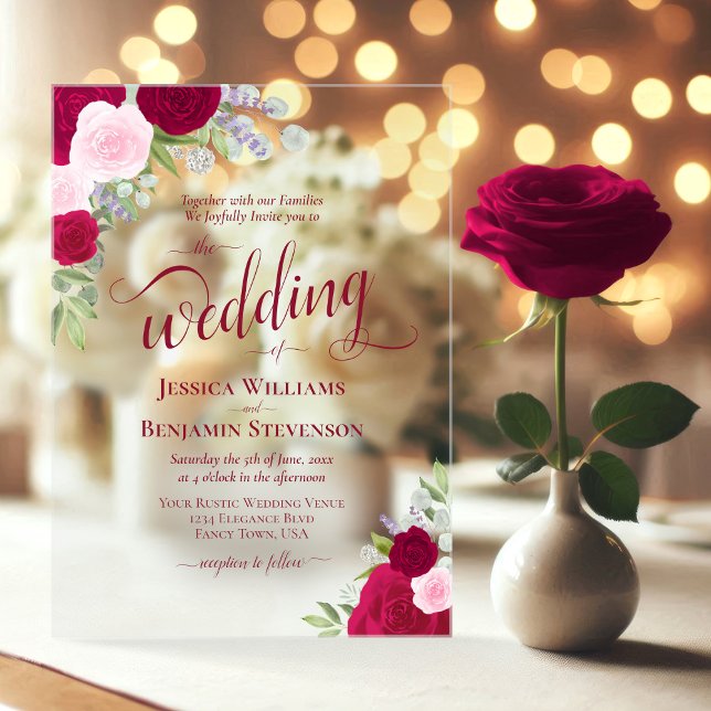 Invitaciones Acrílicas Elegantes Rosas de Magenta y Boho Rosa Boda Fancy (Clear Acrylic with Rectangle Cut)