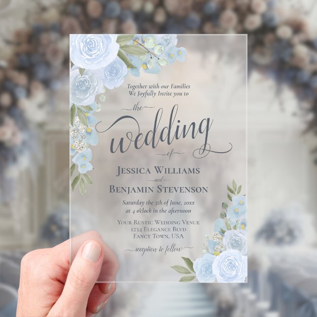 Invitaciones Acrílicas Elegantes Rosas de Moda de Boho Azul y Polvoriento (Subido por el creador)