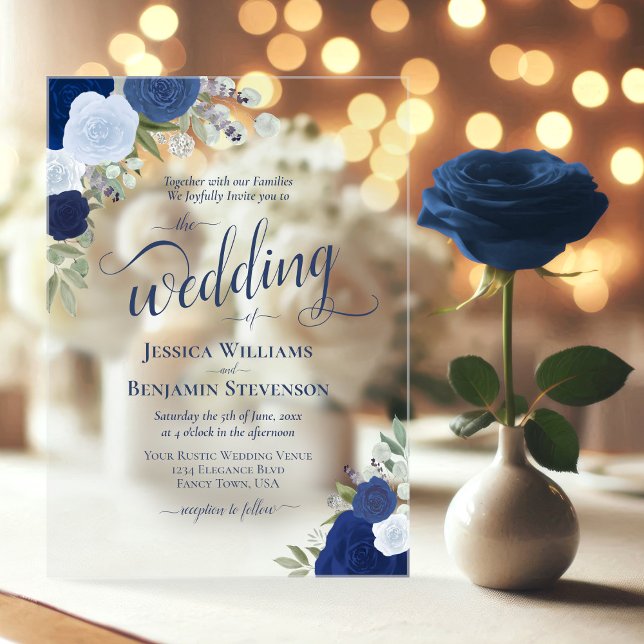Invitaciones Acrílicas Elegantes Rosas de Moda del Boho Azul Boda de fant (Clear Acrylic with Rectangle Cut)