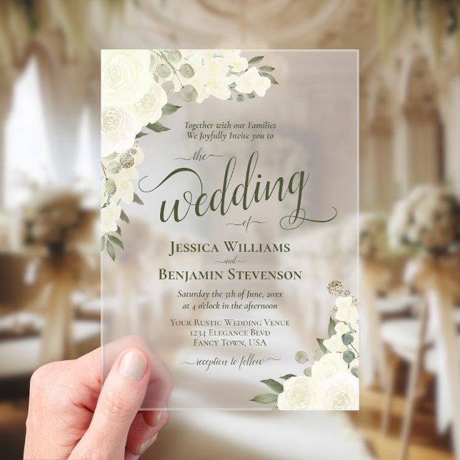 Invitaciones Acrílicas Elegantes Rosas de Moda del Boho Blanco Marfil Bod (Frosted Acrylic with Rectangle Cut)