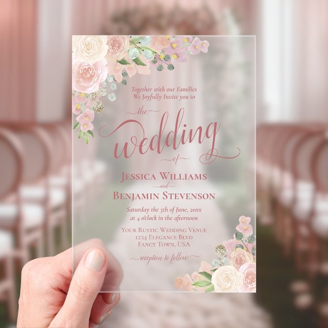 Invitaciones Acrílicas Elegantes Rosas de Moda Rosa y Boho Mauve Boda (Frosted Acrylic with Rectangle Cut)