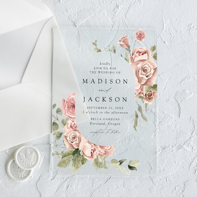 Invitaciones Acrílicas Elegantes Rosas de Rubor y Boda de Verdor (Subido por el creador)