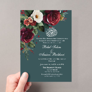 Invitaciones Acrílicas Elegantes Rosas Florales Islámicas Burgundy y Blan