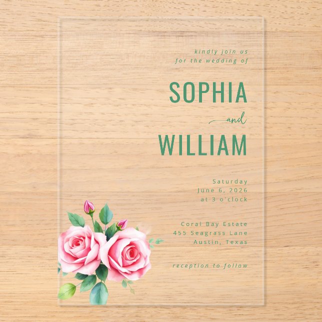 Invitaciones Acrílicas Elegantes Rosas Florales Negras (Anverso)