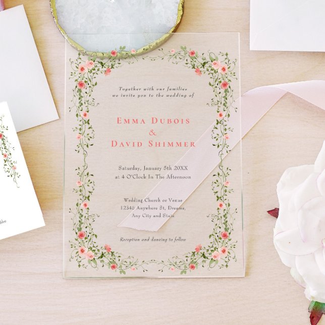 Invitaciones Acrílicas Elegantes Rosas florales simple Boda de guiones (Subido por el creador)
