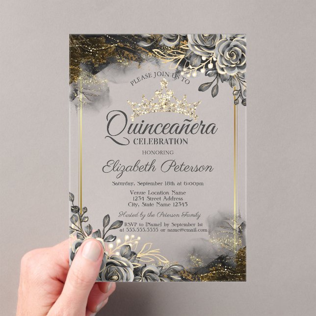 Invitaciones Acrílicas Elegantes Rosas Negros Gothic Quinceañera (Insitu (portátil))