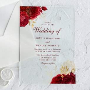 Invitaciones Acrílicas Elegantes Rosas Rojas Románticas y Boda de Oro