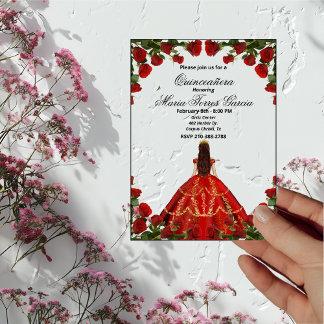 Invitaciones Acrílicas Elegantes Rosas Rojas y Quinceañera de Vestido