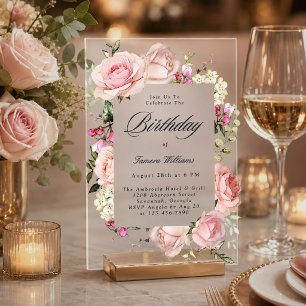 Invitaciones Acrílicas Elegantes Rosas Rosadas Caligrafía Fiesta de Cumpl