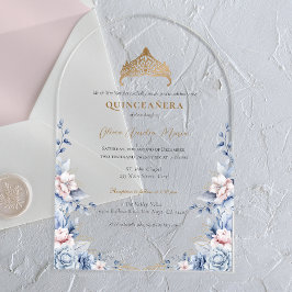 Invitaciones Acrílicas Elegantes rosas Tiara Gold Blue Quinceañera