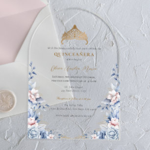 Invitaciones Acrílicas Elegantes rosas Tiara Gold Blue Quinceañera