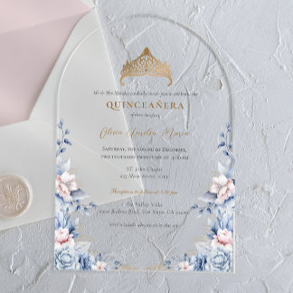 Invitaciones Acrílicas Elegantes rosas Tiara Gold Blue Quinceañera