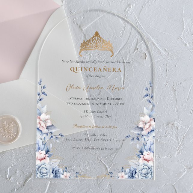 Invitaciones Acrílicas Elegantes rosas Tiara Gold Blue Quinceañera (Subido por el creador)