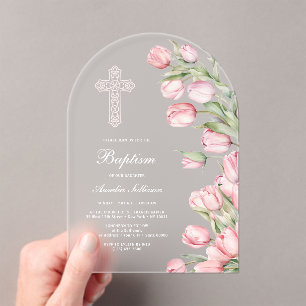 Invitaciones Acrílicas Elegantes tulipanes en acuarela Arco Bautizo