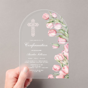 Invitaciones Acrílicas Elegantes tulipanes en acuarela Arco de confirmaci