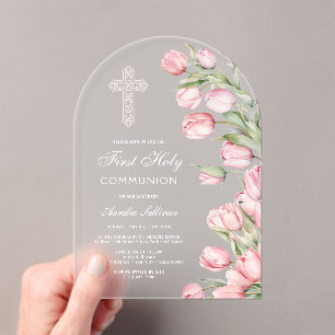Invitaciones Acrílicas Elegantes tulipanes en acuarela Arco Primera Comun