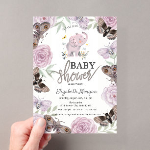 Invitaciones Acrílicas Elephant Flores Mariposas Rosa Baby Shower  