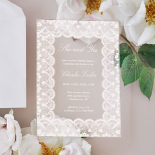 Invitaciones Acrílicas Ella dijo que sí Ivory Lace Elegante Despedida de