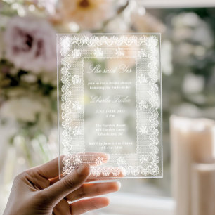 Invitaciones Acrílicas Ella Dijo Sí Elegante Ducha de Novia de Encaje Bla