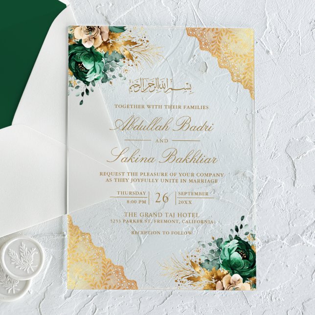 Invitaciones Acrílicas Emerald Floral Gold Lace Muslim Wedding (Subido por el creador)