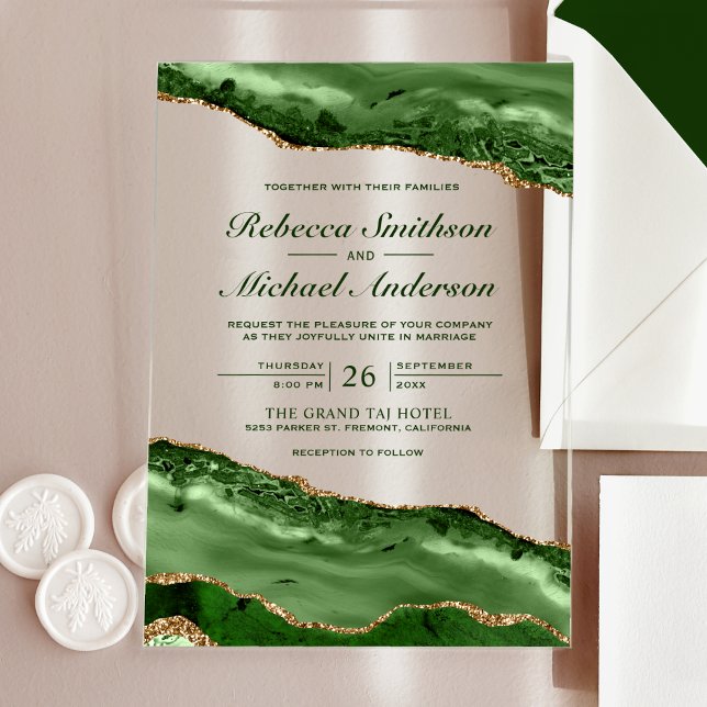 Invitaciones Acrílicas Emerald Green and Gold Agate Marble Wedding (Subido por el creador)