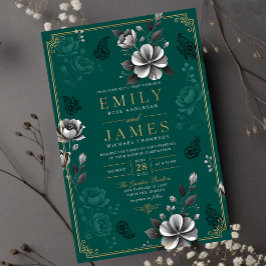 Invitaciones Acrílicas Emerald Green Floral Elegant Sage Gold Botanical