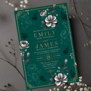 Invitaciones Acrílicas Emerald Green Floral Elegant Sage Gold Botanical