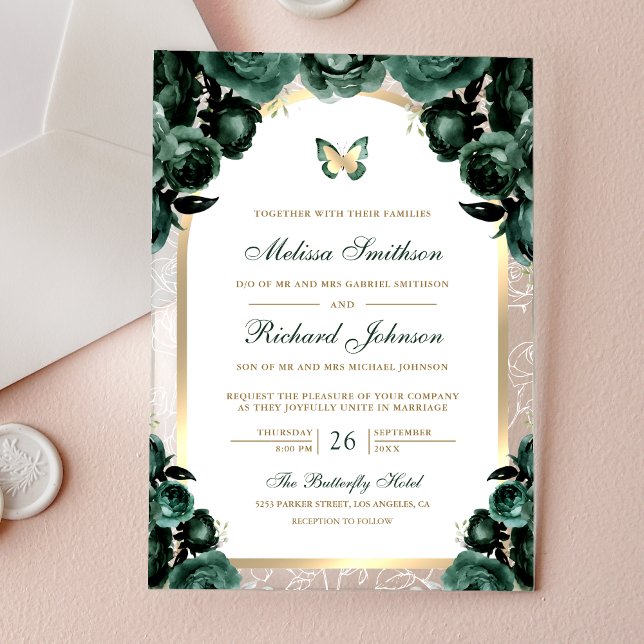 Invitaciones Acrílicas Emerald Green Floral Gold Arch Butterfly Wedding (Subido por el creador)