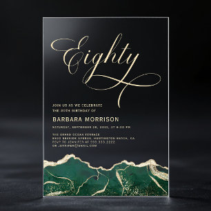 Invitaciones Acrílicas Emerald Green Gold Agate 80th Ochenta Birthday