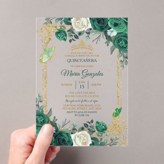 Invitaciones Acrílicas Emerald Green Gold Crown Quinceañera Butterfly (Insitu (portátil))