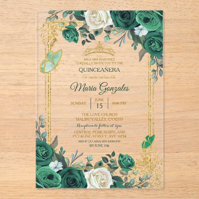 Invitaciones Acrílicas Emerald Green Gold Crown Quinceañera Butterfly (Anverso)