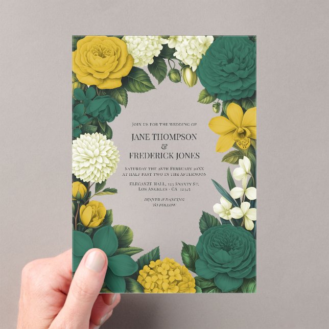 Invitaciones Acrílicas Emerald Green, Gold & Ivory Floral Wedding (Insitu (portátil))