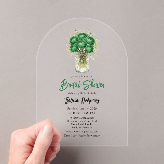 Invitaciones Acrílicas Emerald Green Ranunculus Mason Jar Bridal Shower (Insitu (portátil))